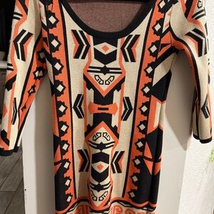 t/o Tribal Print Sweater Dress with 3/4 Sleeves